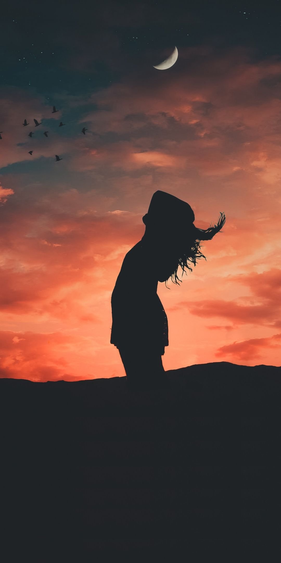 Silhouette Of Girl During Evening Backlit Clouds Crescent Moon Wallpaper Download