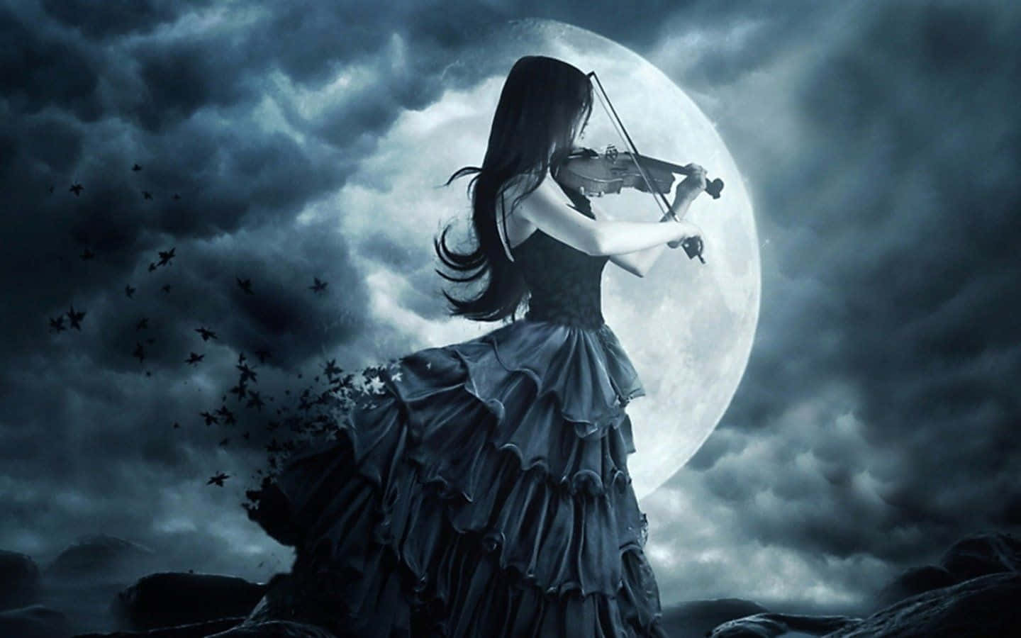 Download Gothic Computer Girl With Violin Full Moon Wallpaper