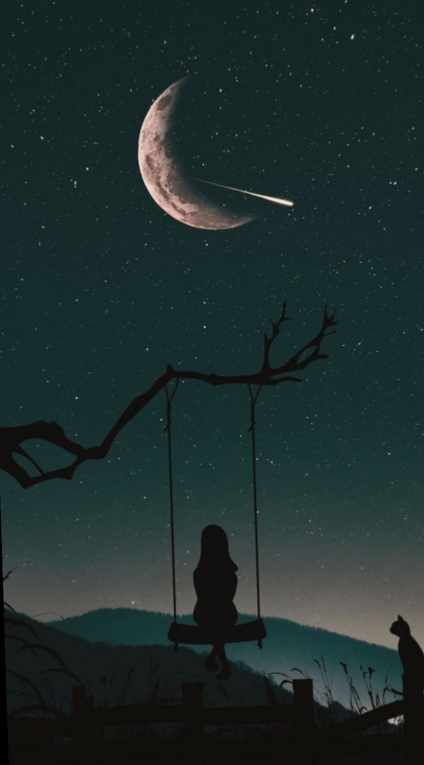 Girl and moon night Wallpaper Download