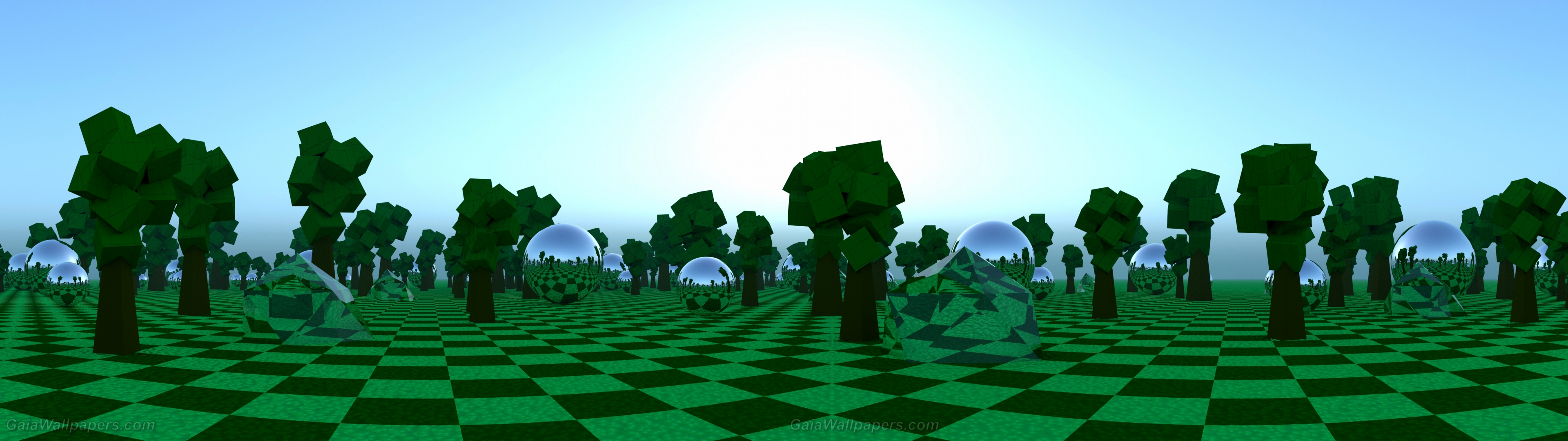 Green chessboard with synthetic forest wallpaper 3840x1080 Desktop Wallpaper