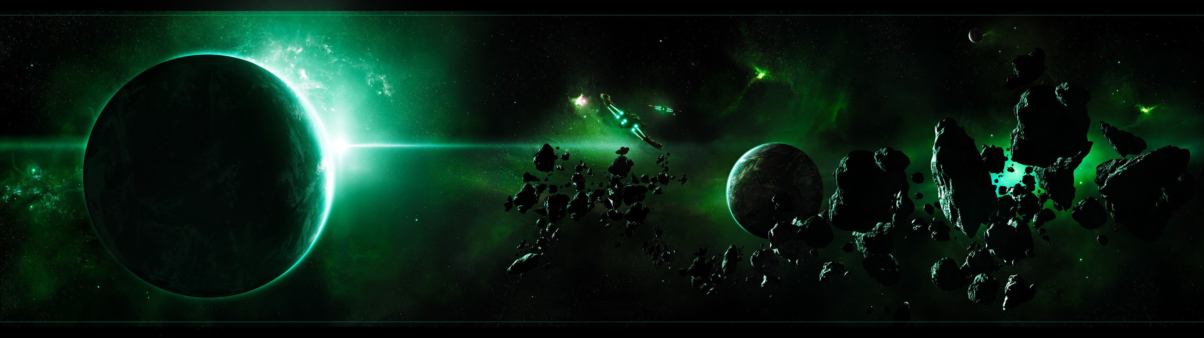 Wallpaper, 3840x1080 px, asteroid, multiple display, planet, space art, spaceship 3840x1080