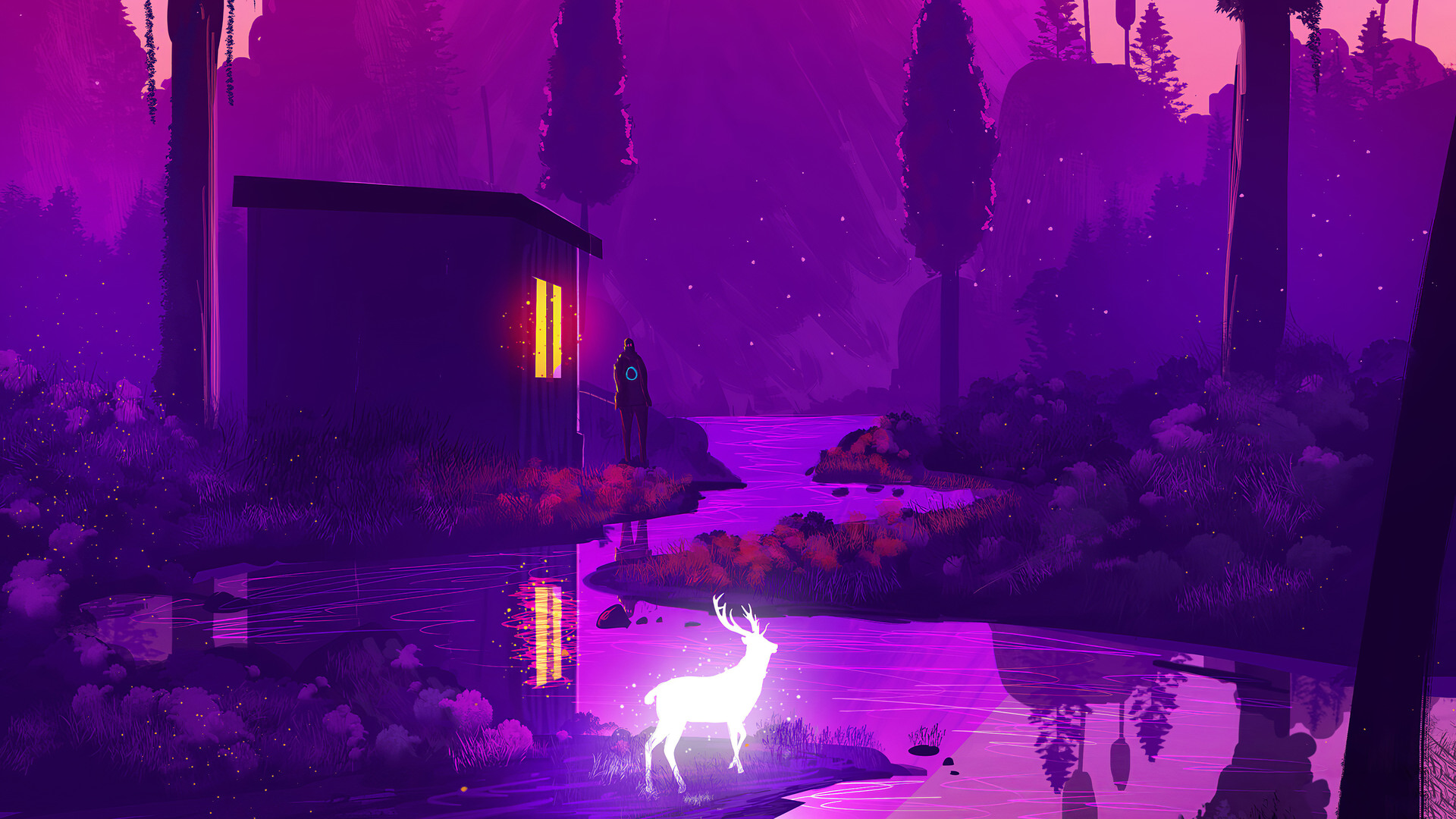 artwork, digital art, fantasy art, deer, trees, river, neon, plantsx1080 Wallpaper