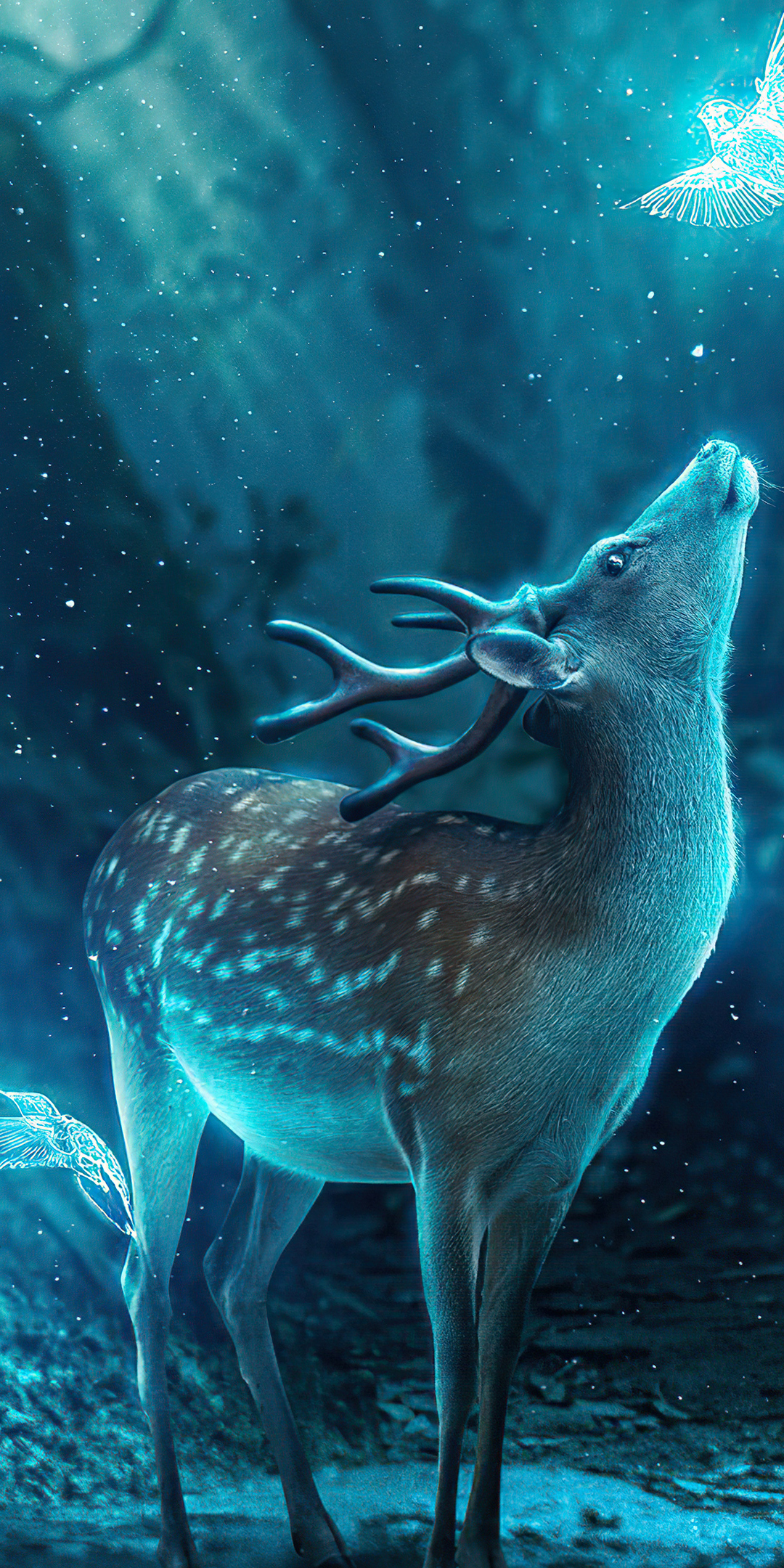 Download Deer, Magic, Birds, Neon, Glow, Nature Wallpaper in 1080x2160 Resolution
