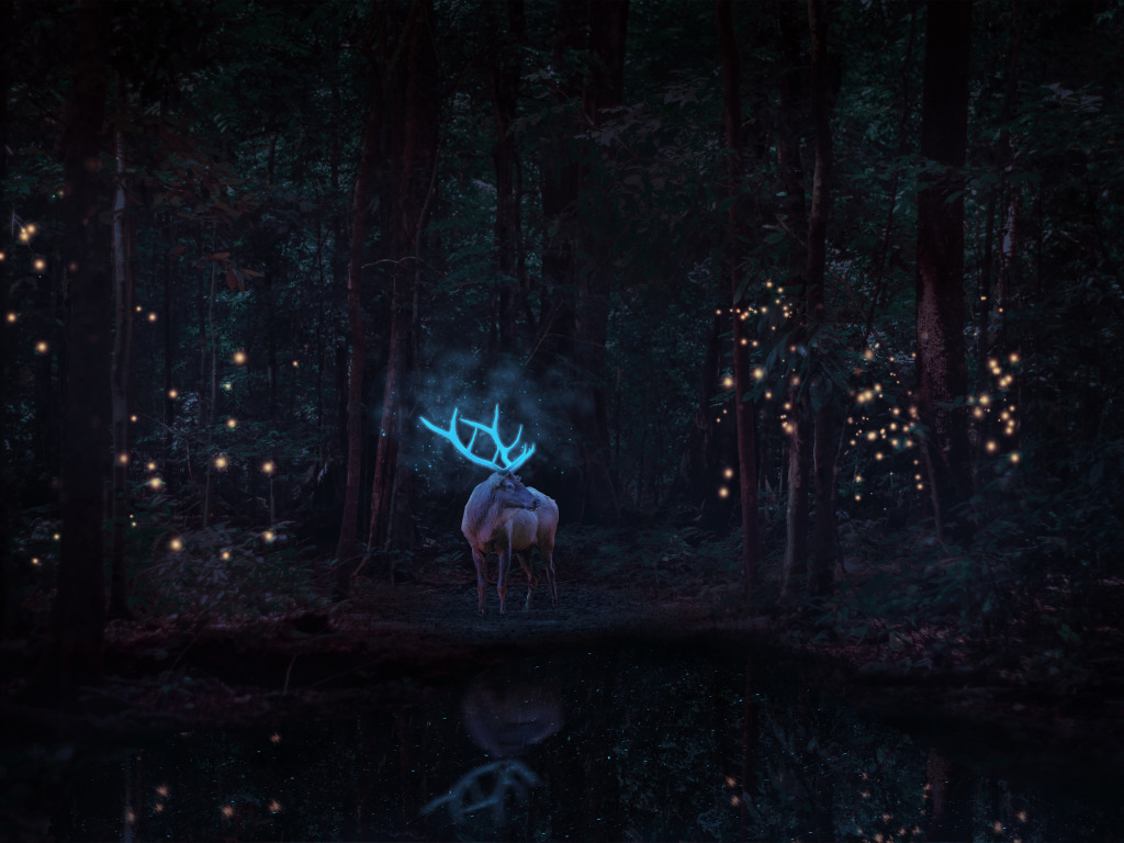 Download wallpaper wallpaper, Glow, Neon, Forest, Horns, Graphics, Deer, section animals in resolution 1024x768