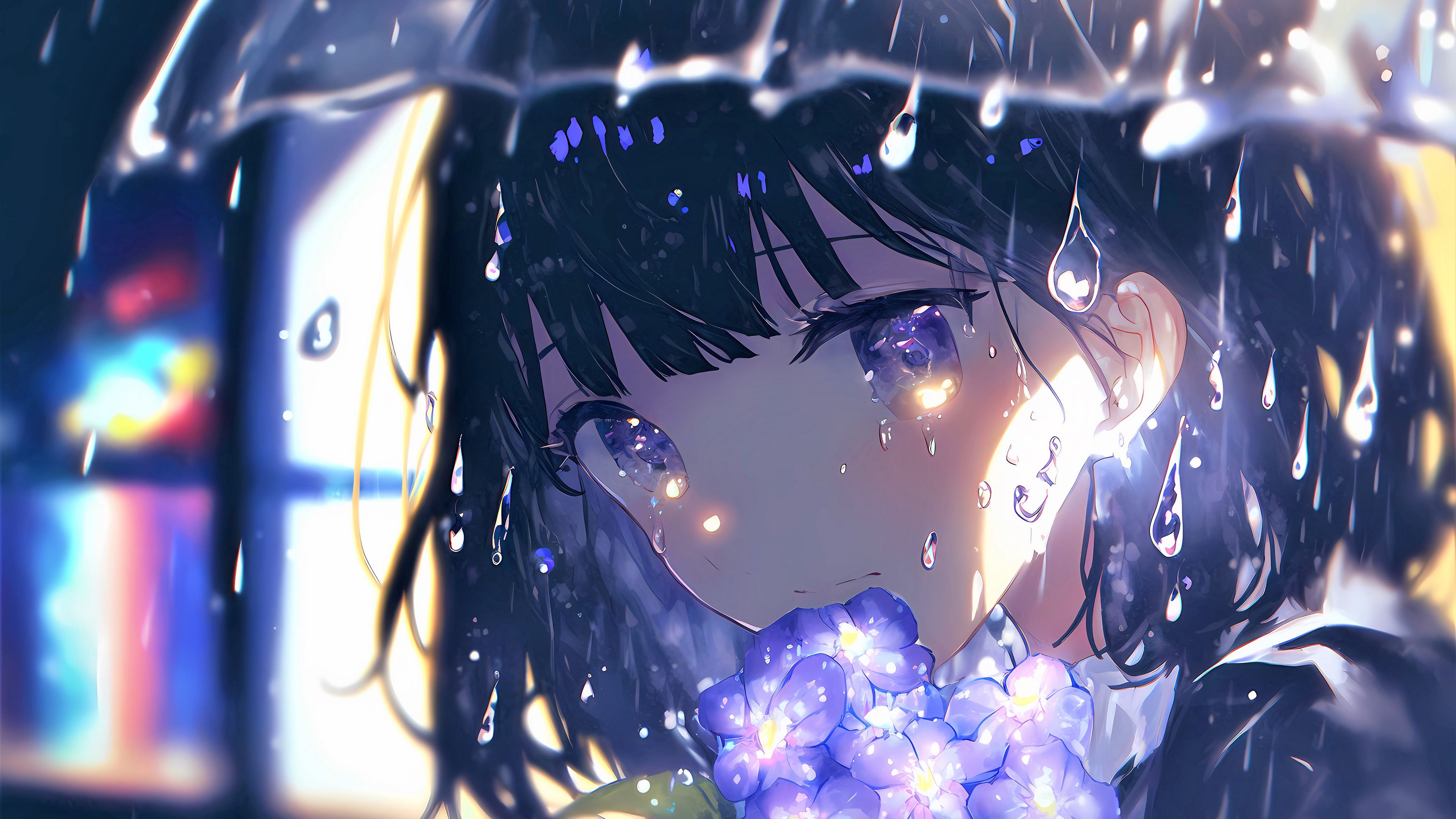 Download wallpaper 3840x2160 girl, glance, flowers, rain, anime 4k uhd 16:9 HD background