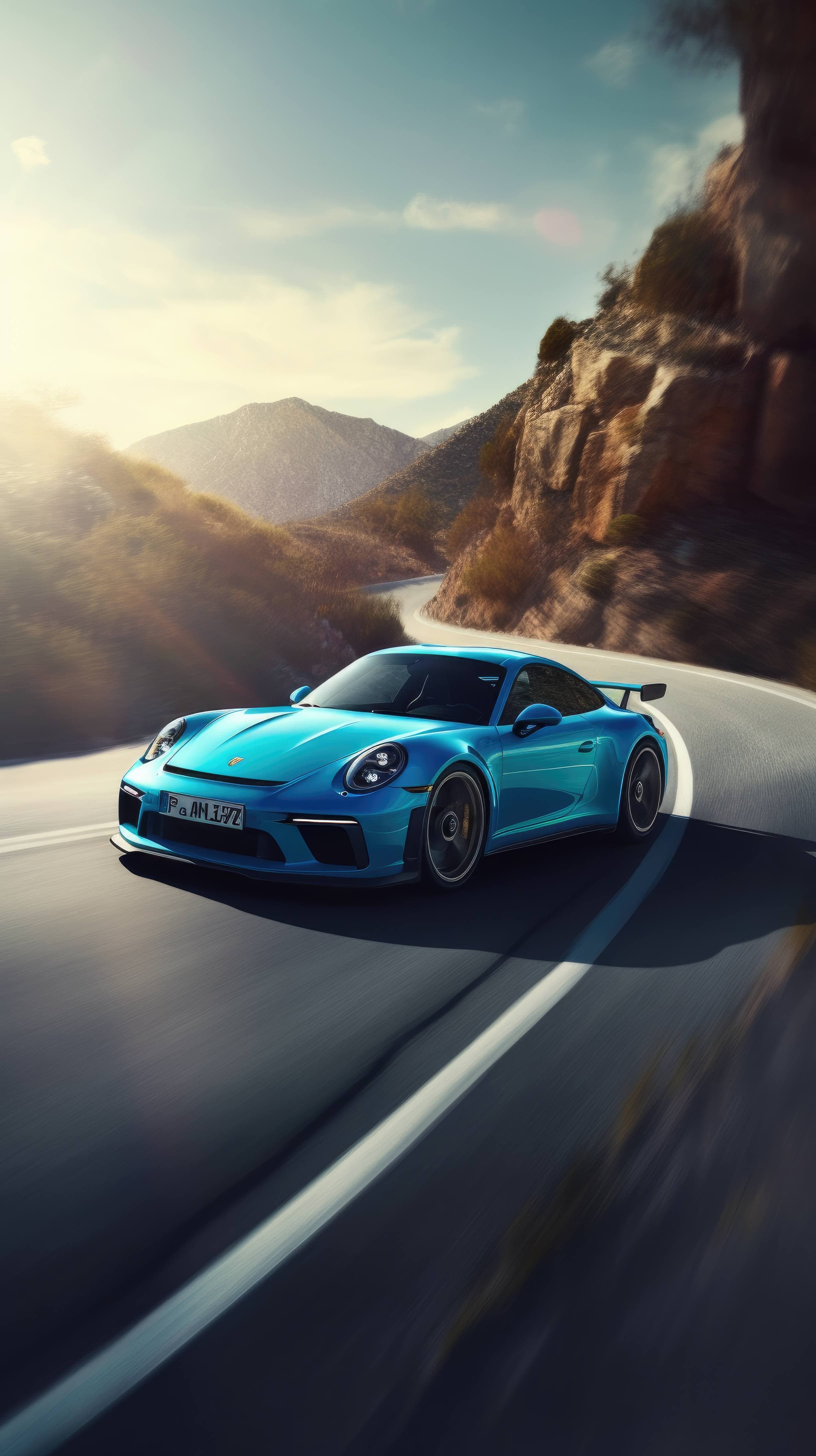A sleek 2022 Porsche 911 GT3 in vibrant Miami Blue, captured in motion on a winding mountain road