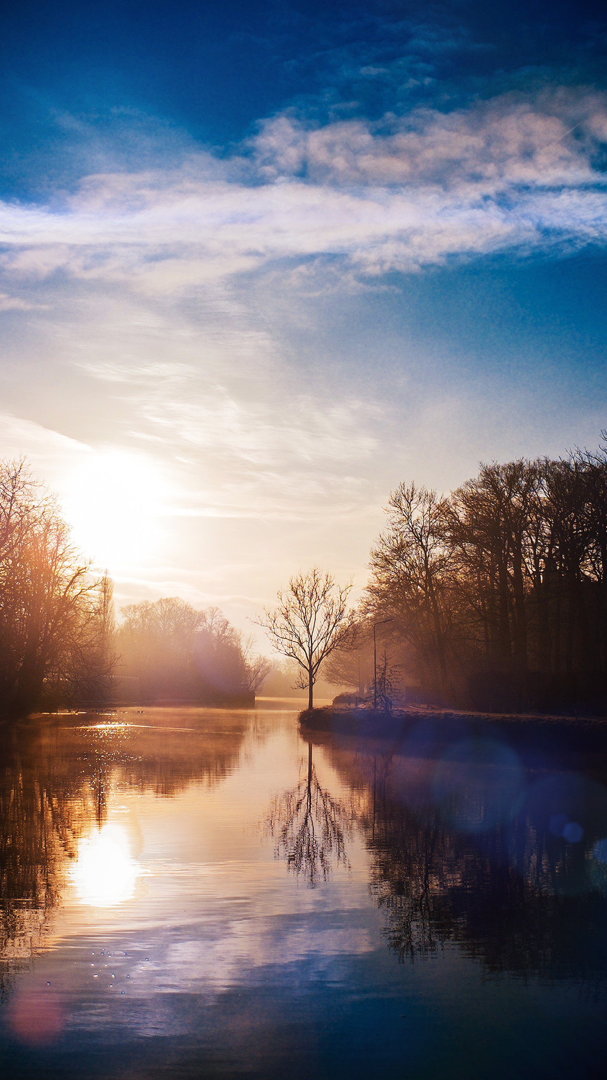 Lake Calm Tree Mountain Sunny Day Nature Flare Blue Wallpaper