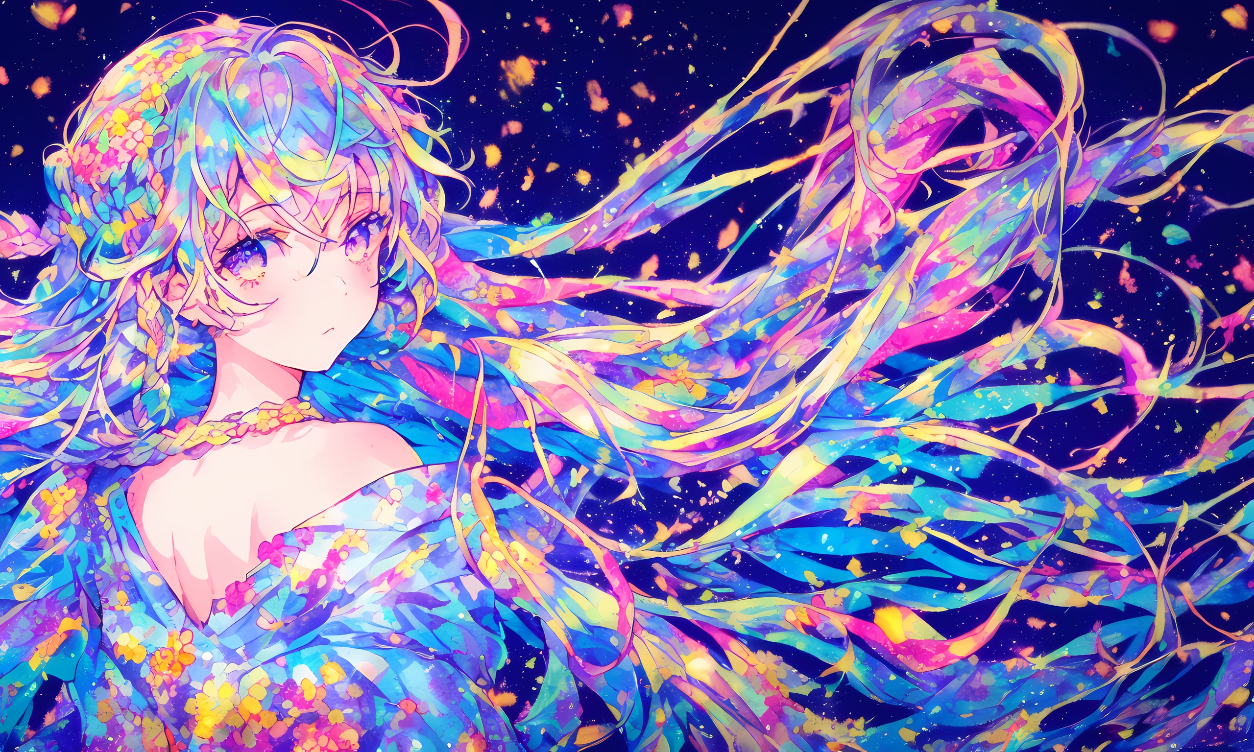 long hair, anime girls, colorful, petals, looking back, AI artx1536 Wallpaper