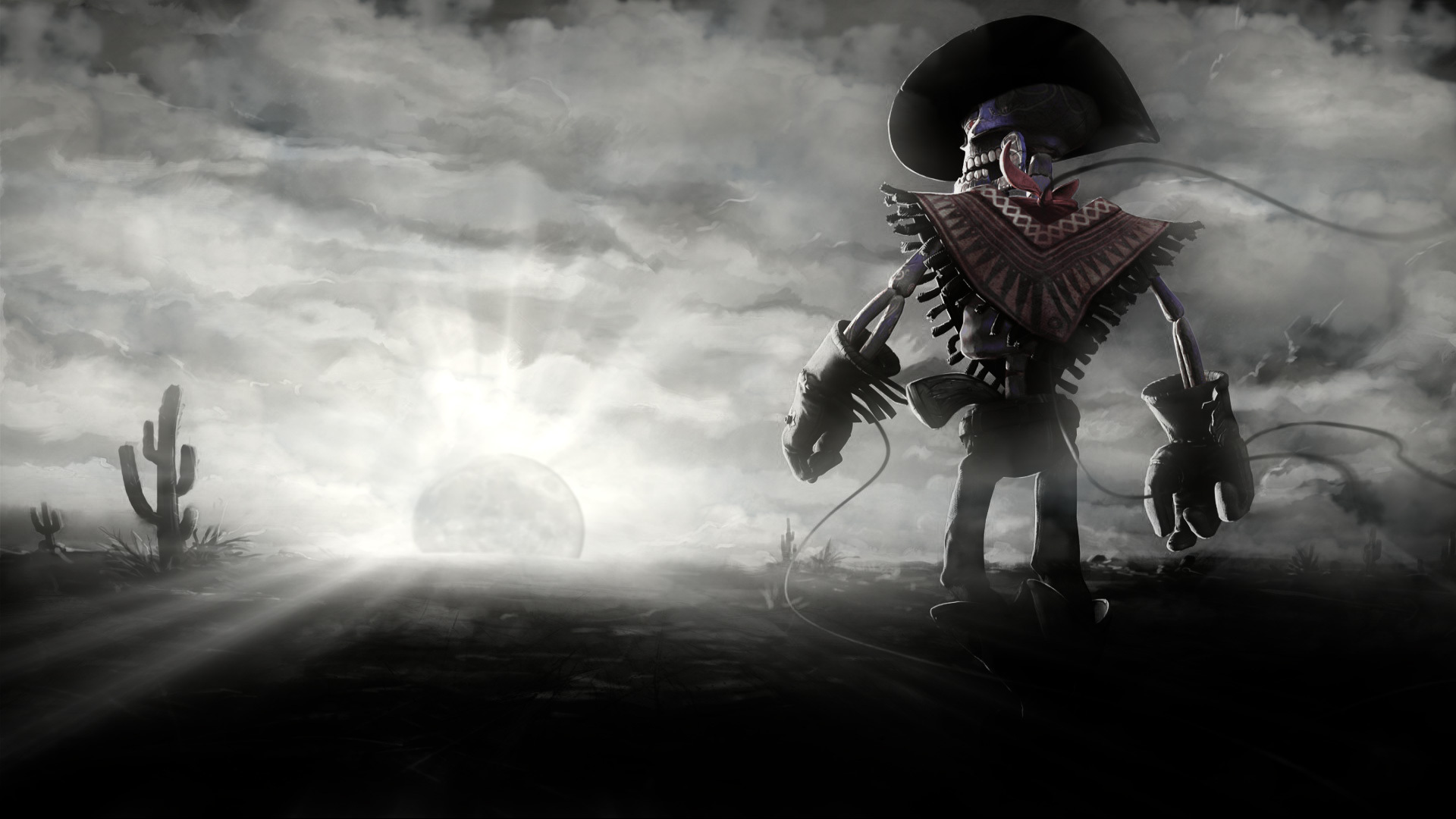 Cowboy skeleton sunset sun cactus dark skull wallpaperx1080