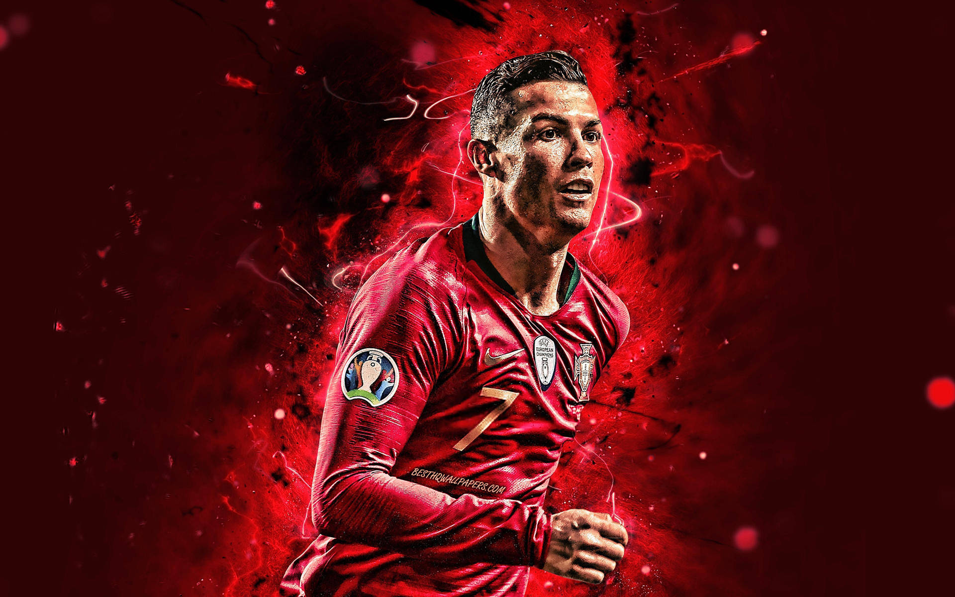 Download Cr7 Glowing Red Jersey Wallpaper