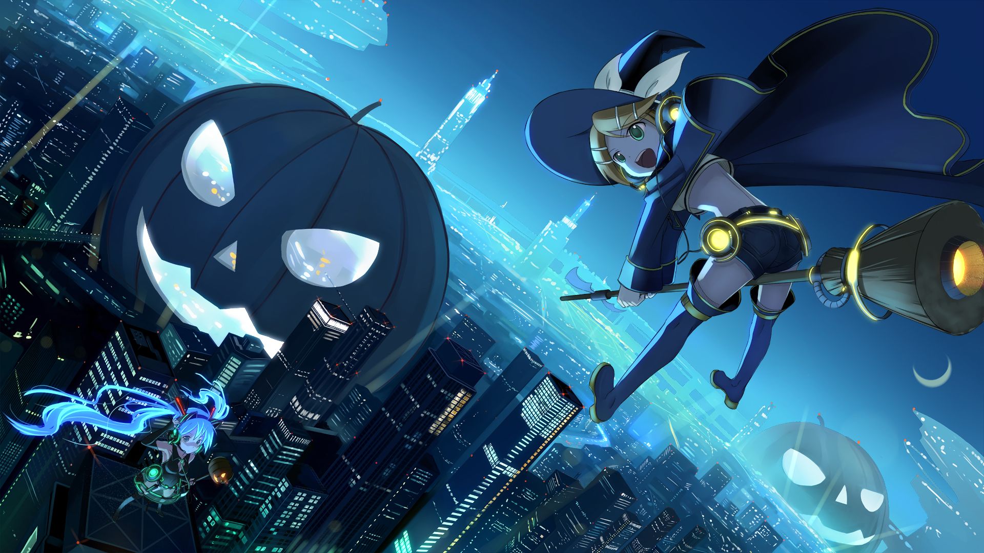 HD desktop wallpaper: Anime, Halloween, City, Vocaloid, Hatsune Miku, Rin Kagamine download free picture
