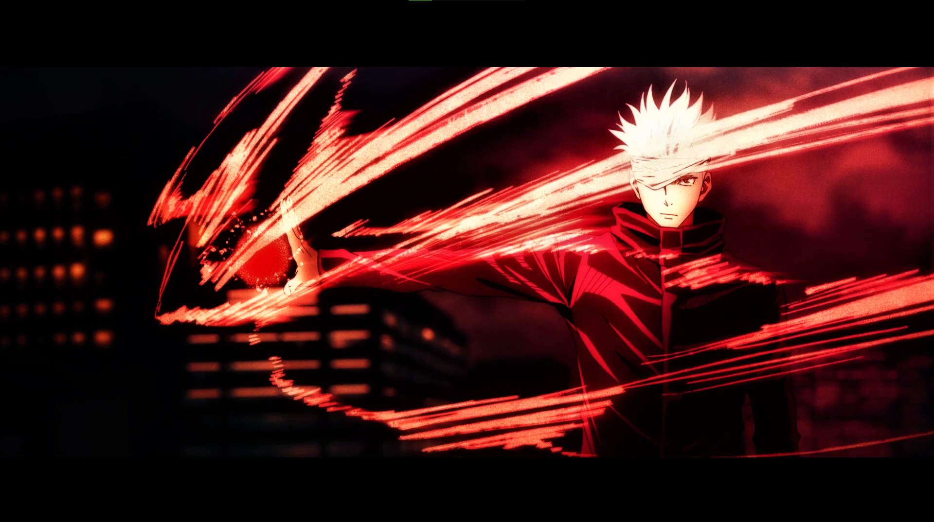 Wallpaper, Jujutsu Kaisen, Satoru Gojo, uniform, white hair, red, orb, frown, Anime screenshot, anime boys 1920x1074