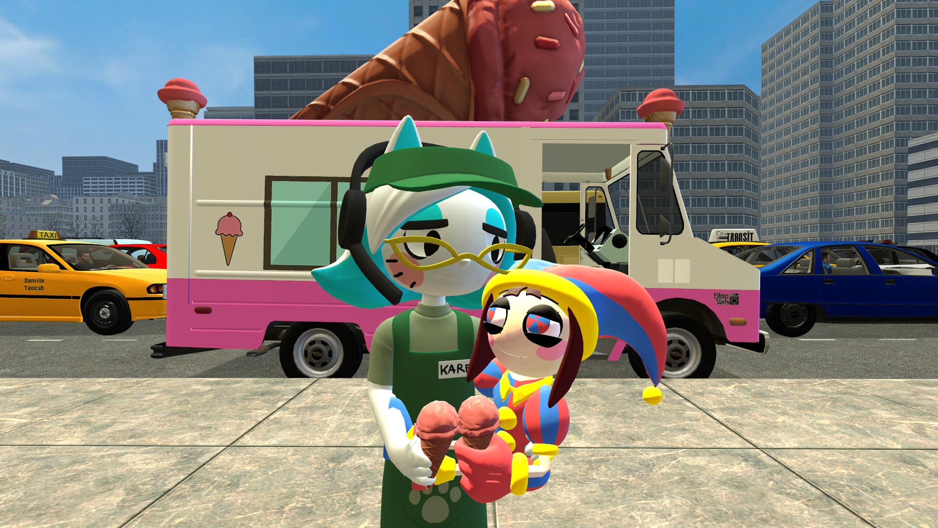 Me as Karen the and My Jester Girl Pomni are having Ice Cream in Danville (Credit to chip599XX [SMG4 and The Amazing Digital Circus Crossover])