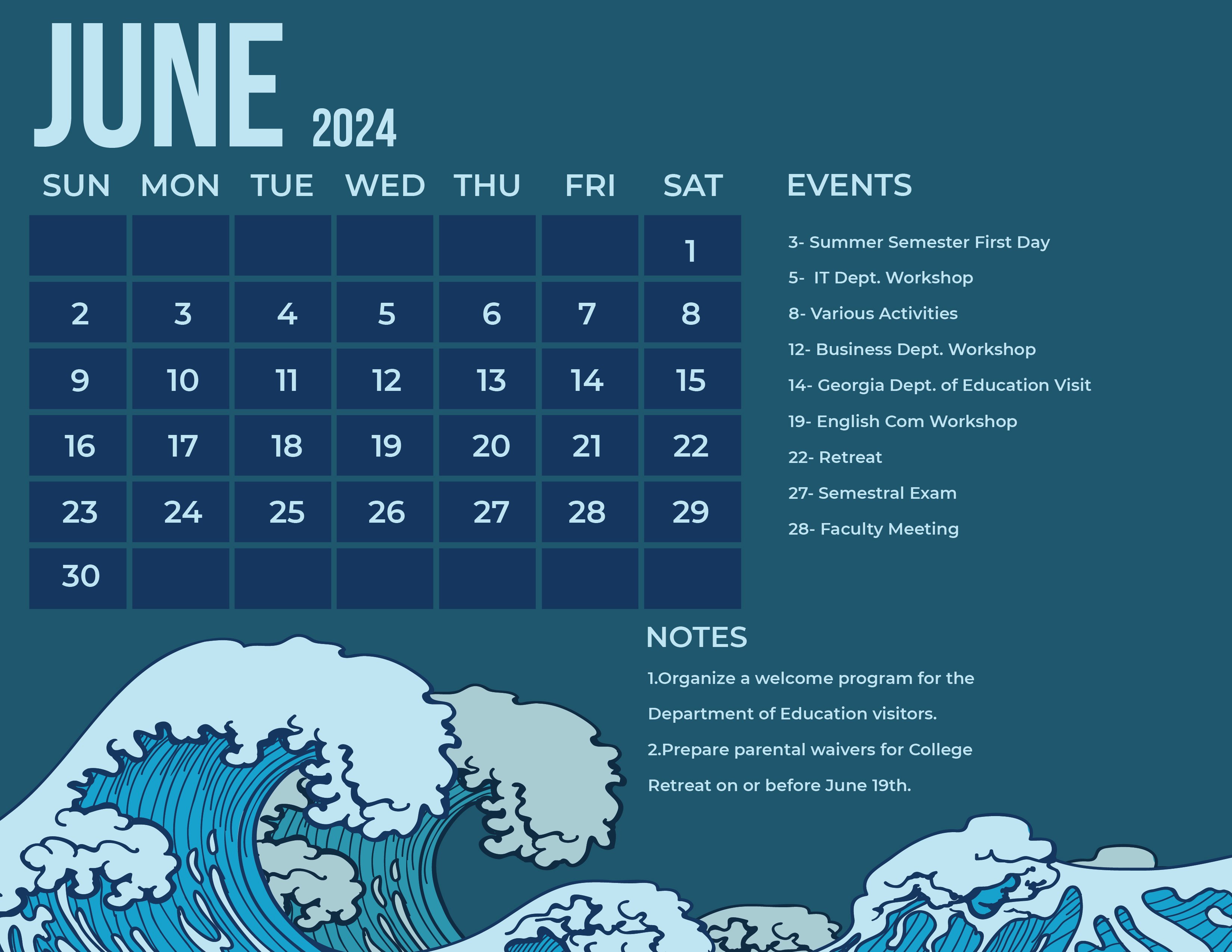 Blue June 2024 Calendar in Word, Illustrator, EPS, SVG, JPG