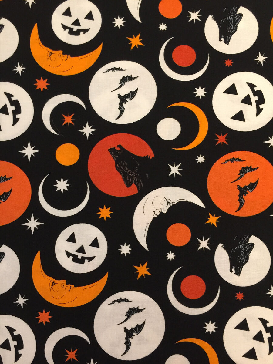 RETRO VINTAGE HALLOWEEN SCAREDY CAT HOWL AT THE MOON WOLF Cotton Fabric HALF YD