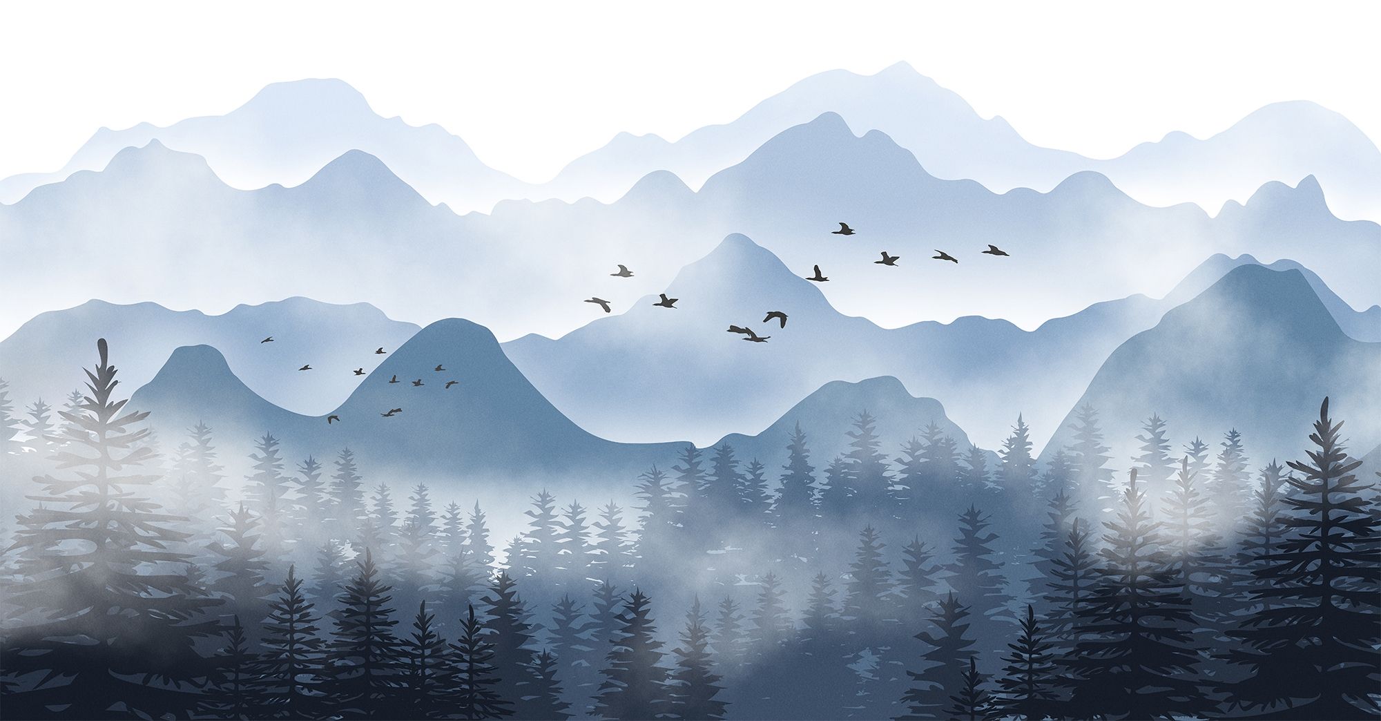 Monochrome Mountainscape with Misty Forest Wallpaper Mural • Wallmur®