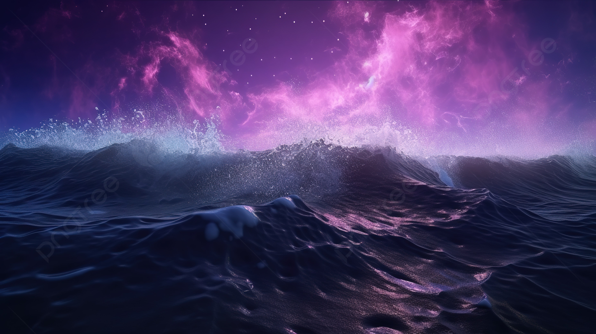 An Ocean Background With Purple Stars And Waves, 3D Illustration Of Realistic Purple Cosmic Sky With Stars A Raging Sea With Foam And Huge Waves, HD Photography Photo Background Image And Wallpaper