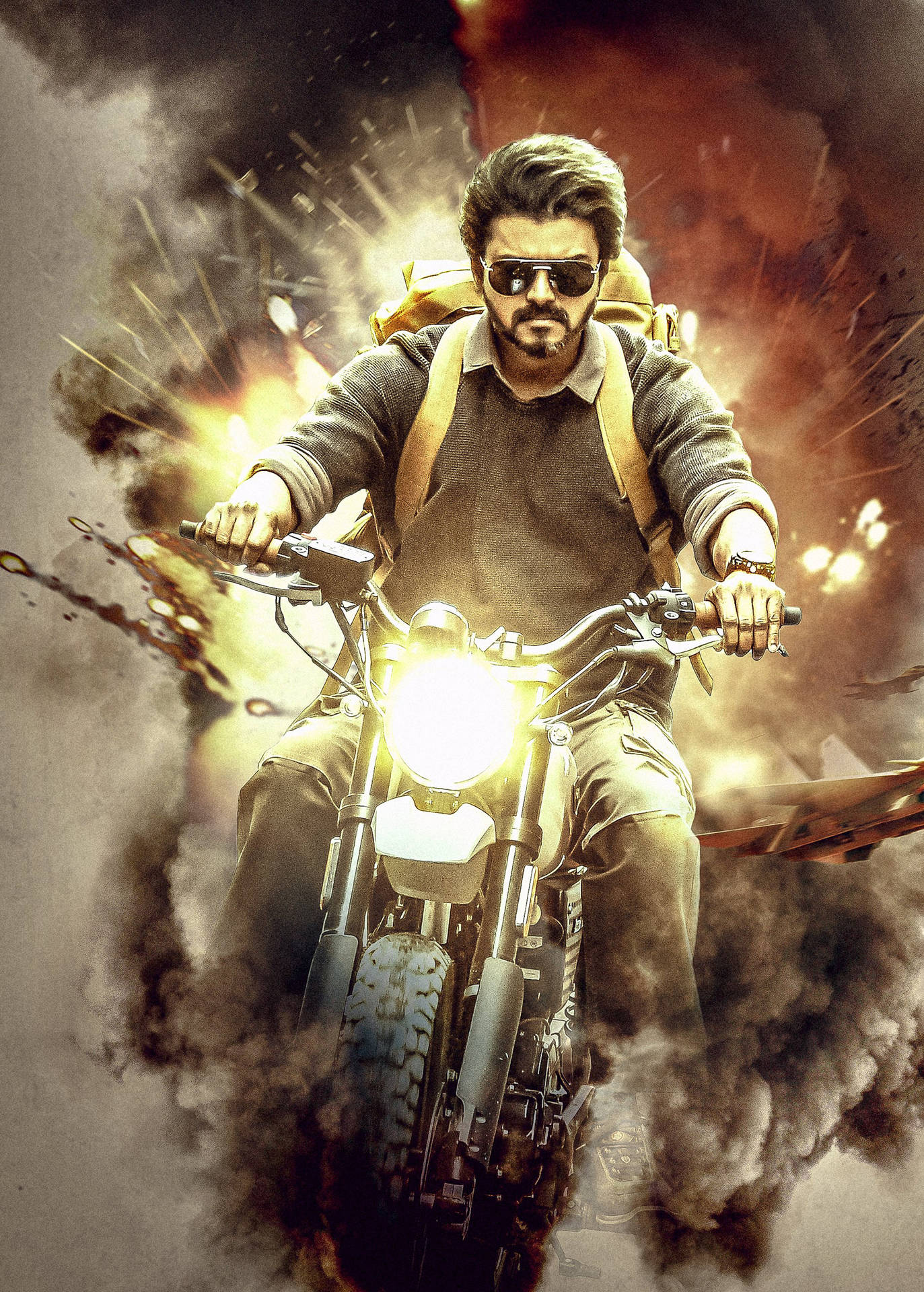 Download Beast Vijay Riding Motorcycle Wallpaper