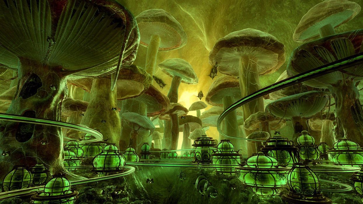 Green cityscapes valley mushrooms fantasy art spaceships city lights science fiction vehicles transports fungus cities wallpaperx1080