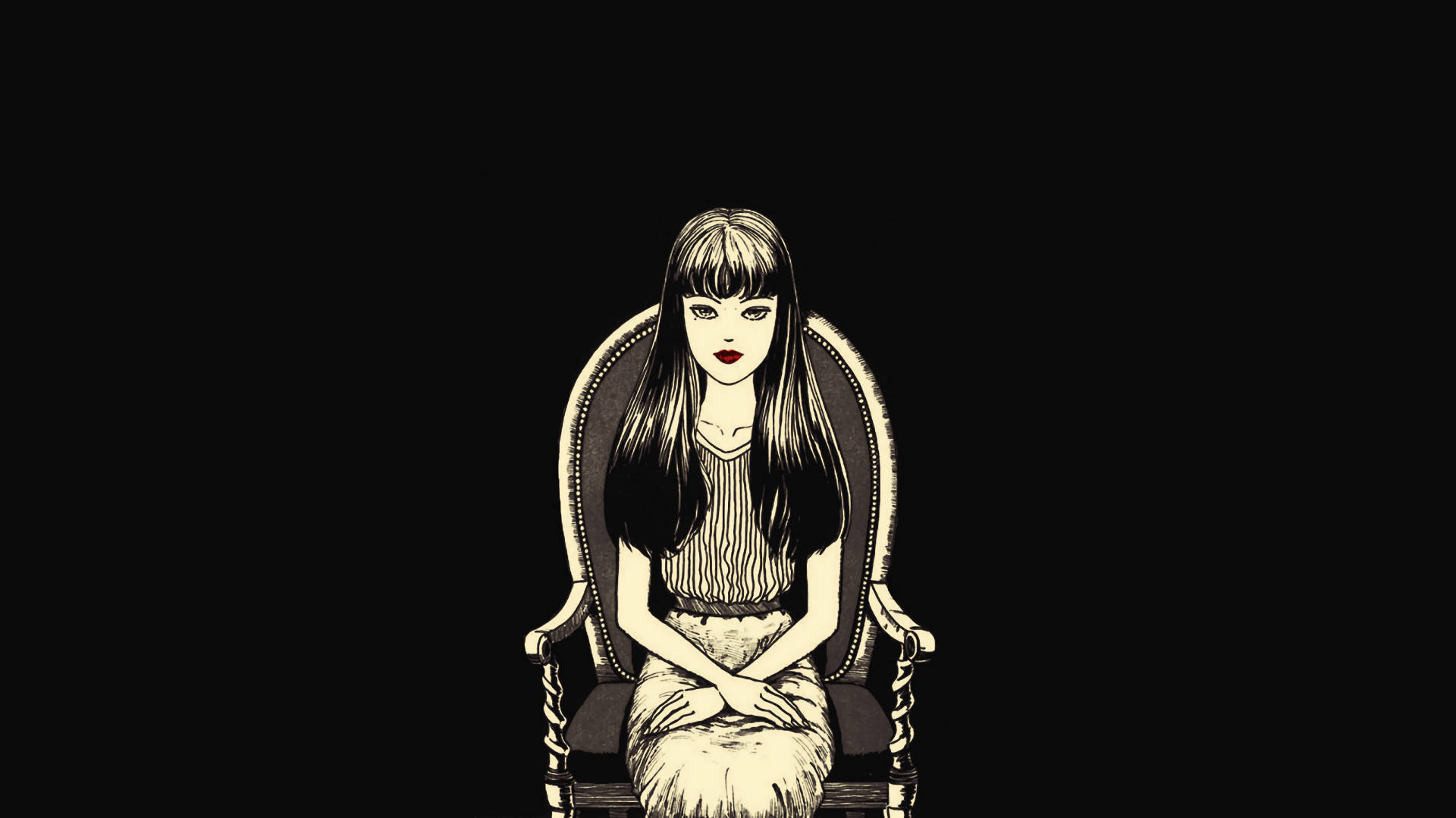 Download Junji Ito's Character Tomie Kawakami Lounging on a Chair Wallpaper