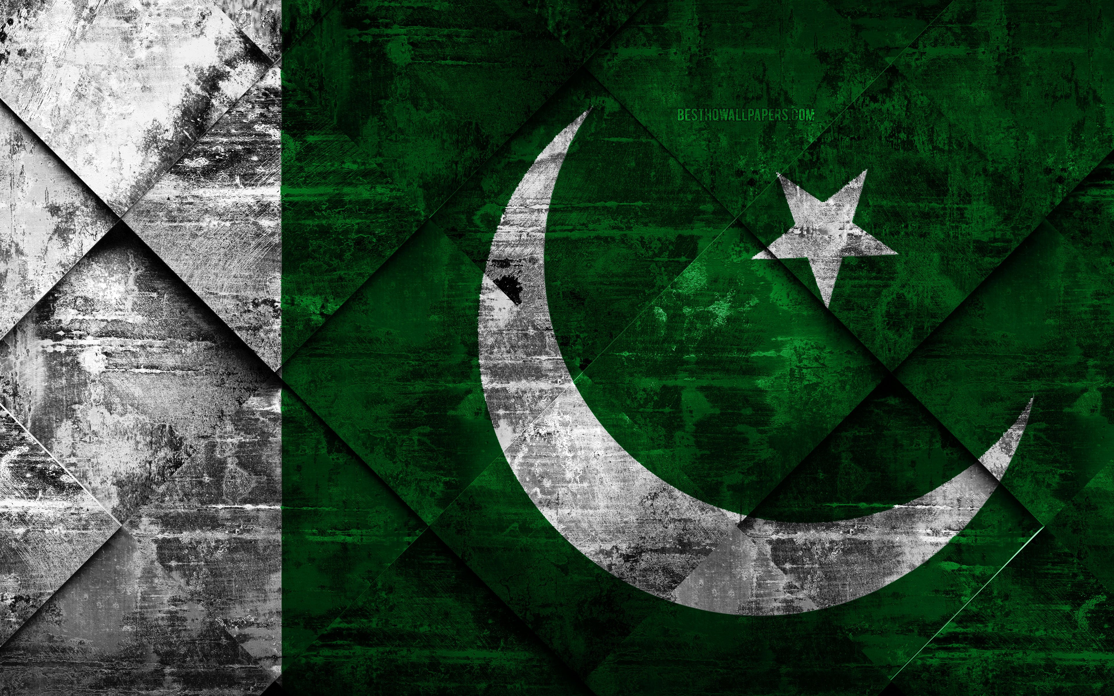 Download wallpaper Flag of Pakistan, 4k, grunge art, rhombus grunge texture, Pakistan flag, Asia, national symbols, Pakistan, creative art for desktop with resolution 3840x2400. High Quality HD picture wallpaper