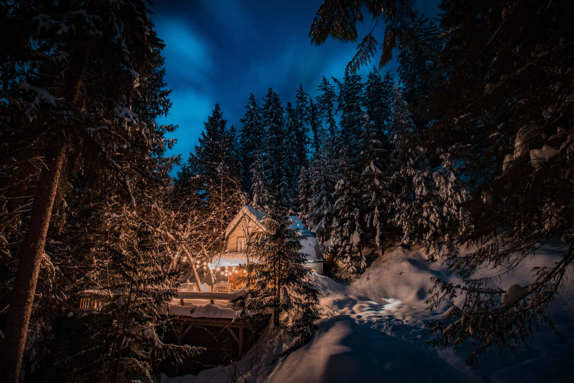 Download Winter Night Desktop With Cabin In The Woods Wallpaper