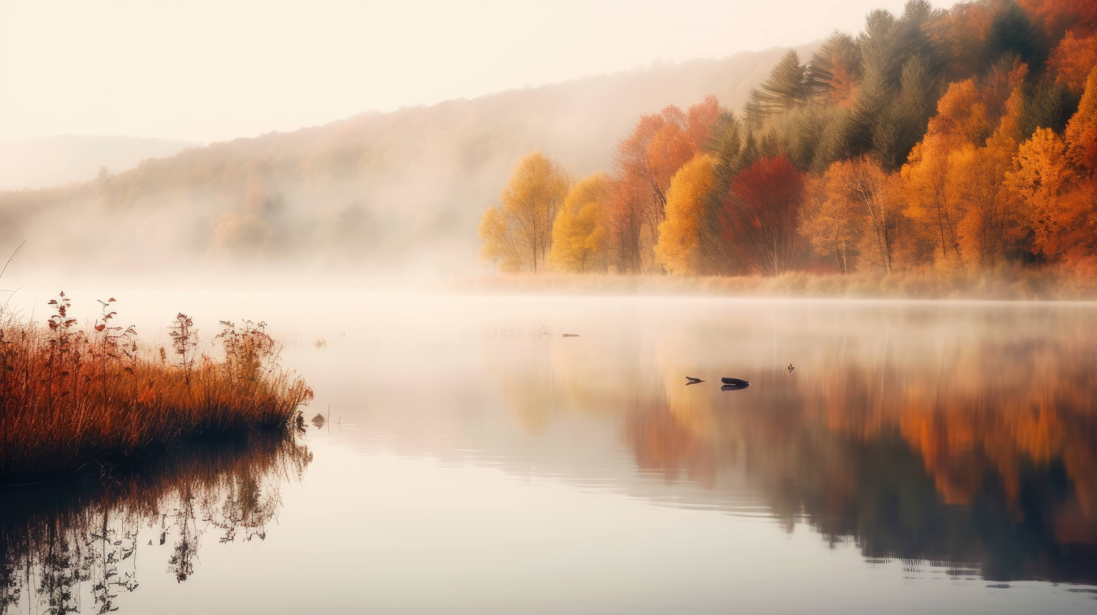 a beautiful desktop wallpaper featuring a serene autumn scene with colorful leaves, a calm lake, and a foggy forest in the background -ar 16:9