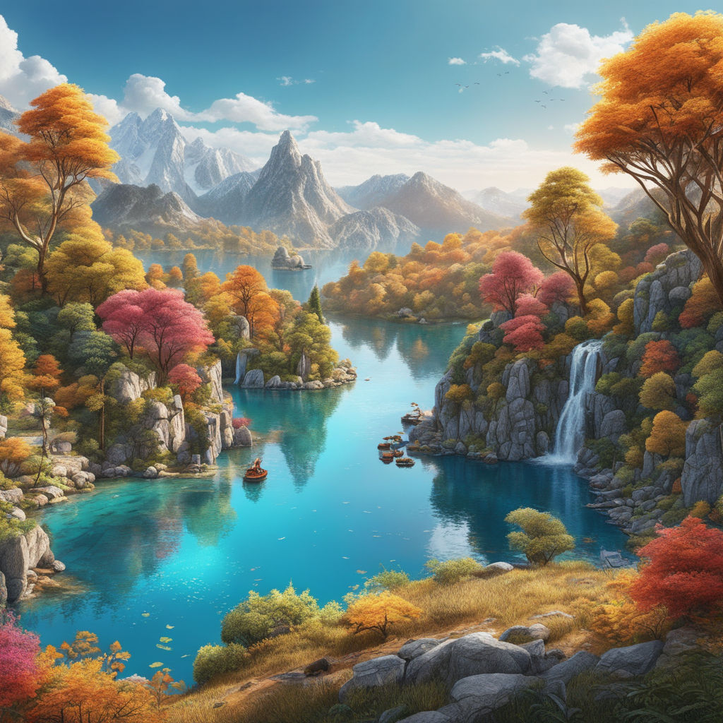 a calm and peaceful scene depicting a small lake located among hills and surrounded by an autumn fabulous fantastic forest