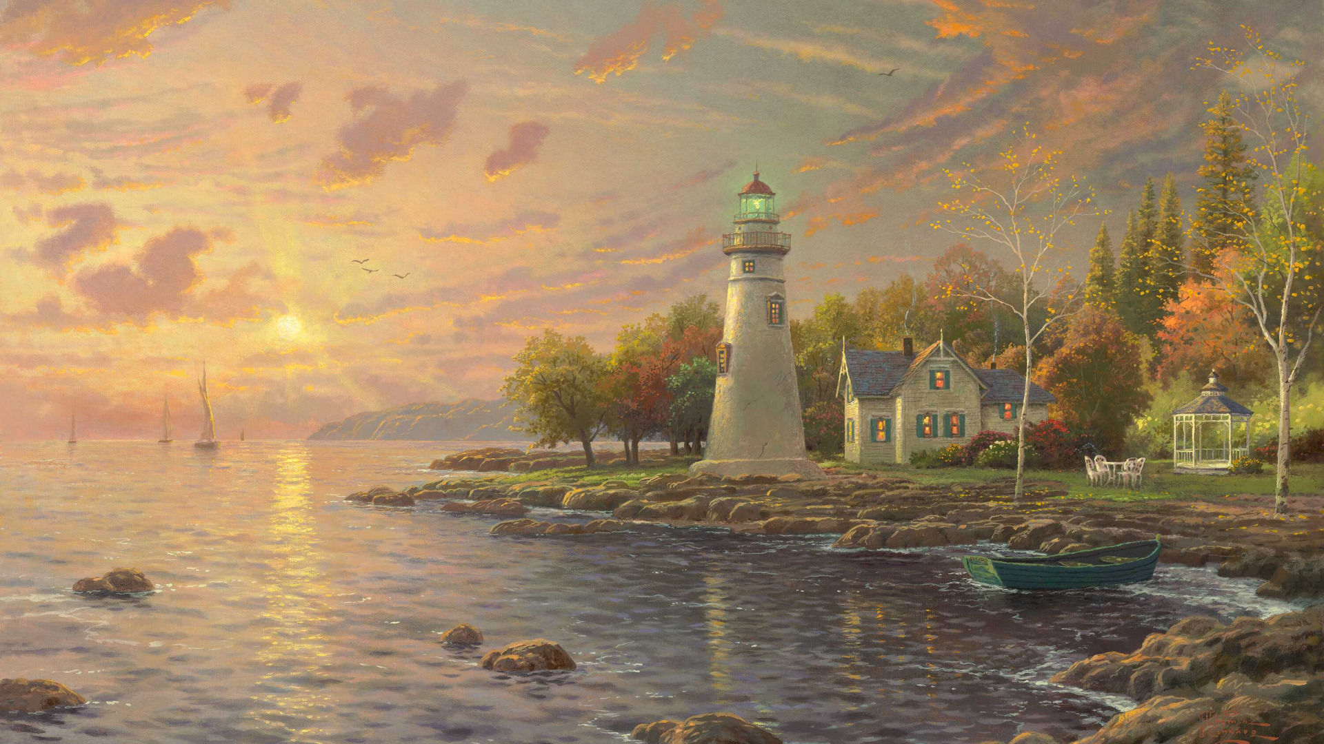 Download wallpaper autumn, sunset, lake, house, boat, lighthouse, the evening, sail, section painting in resolution 1920x1080