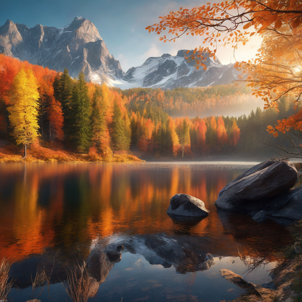 a calm and peaceful scene depicting a small lake located among hills and surrounded by an autumn fabulous fantastic forest