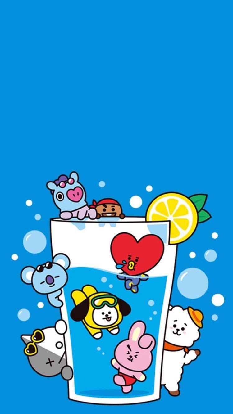 Download BT21 Members On Glass Cartoon IPhone Wallpaper
