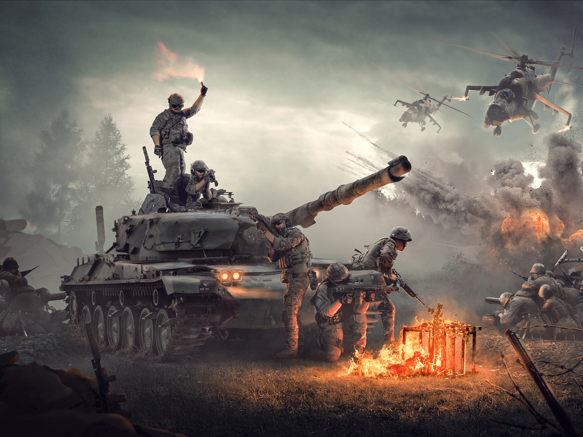 Army Wallpaper 4K, Tanks, Attack helicopter, War