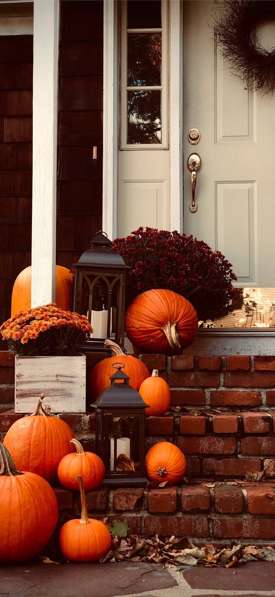 Download Pumpkins By The Doorstep Thanksgiving iPhone Wallpaper