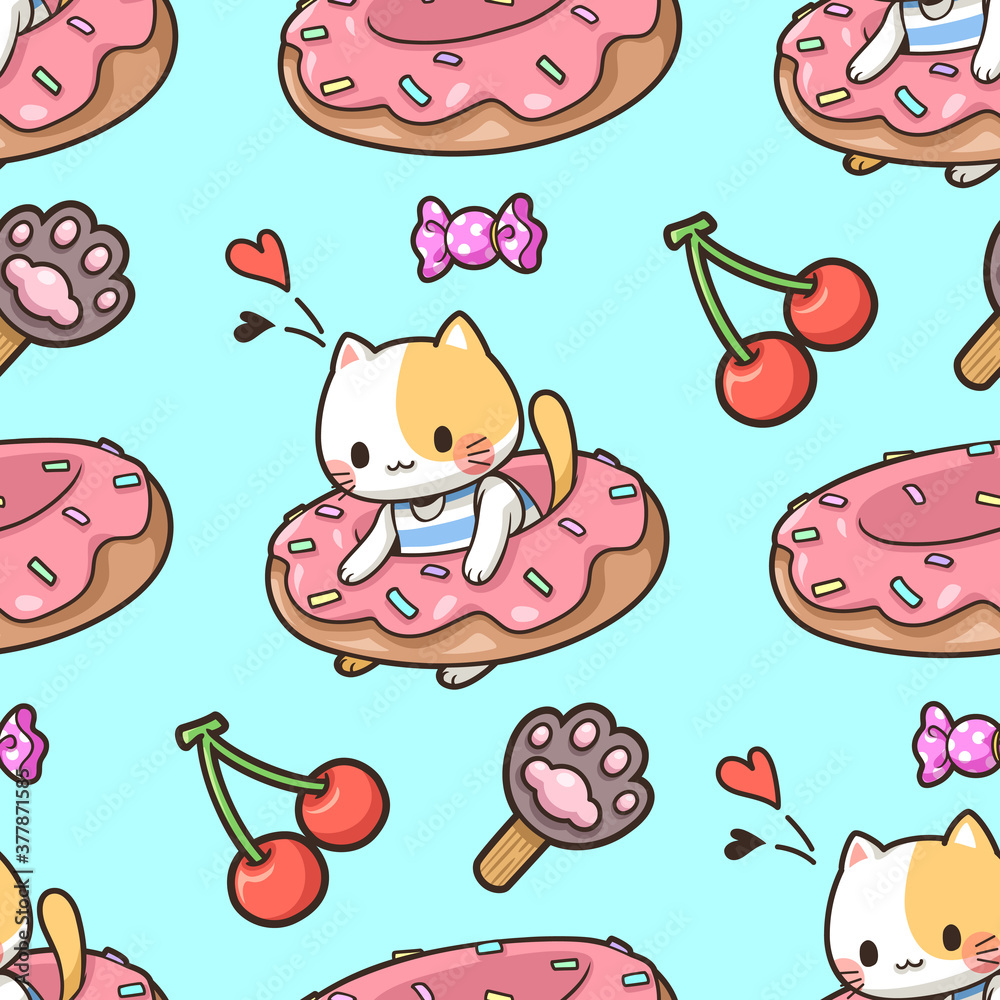 Seamless pattern cat and donut ring cartoon. Cute animal and sweet dessert. Wallpaper background, repeating pattern. Vector cartoon character. Stock Vector