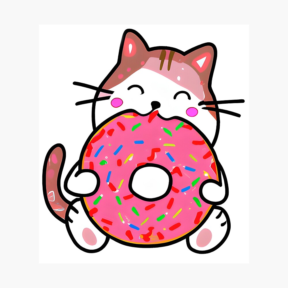 Funny Cat Eating a Donut, Kawaii Cat with Pink Donut Poster
