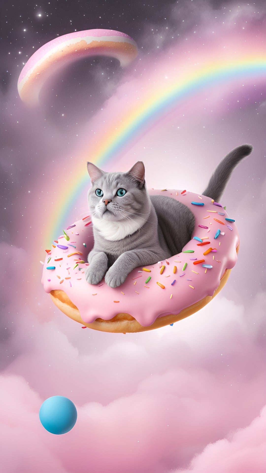 Grey Cat riding on a Flying Pink Frosted Sprinkled Doughnut, in Space with Rainbows
