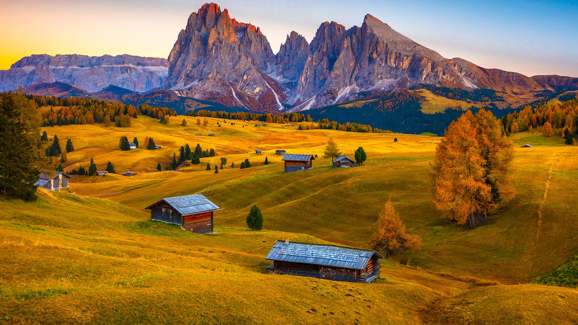 Pasture With Typical Alpine Hut, Dolomites, Alps, Trentino Alto Adige Südtirol, Italy. Windows Spotlight Image