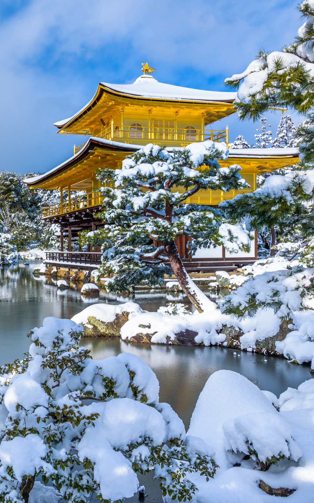 Mobile wallpaper: Winter, Snow, Lake, Pagoda, Japan, Religious, 1360358 download the picture for free