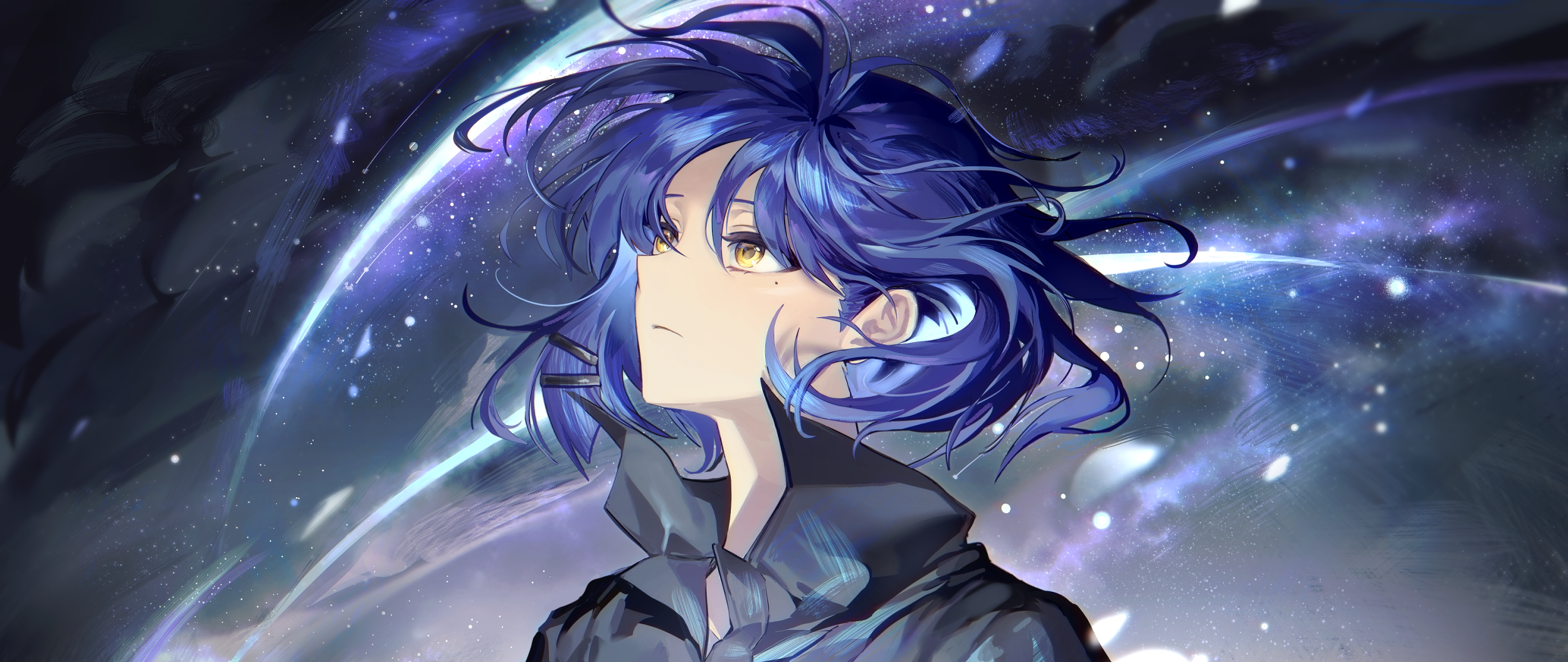 short hair, blue hair, moles, mole under eye, looking up, BOCCHI THE ROCK!, anime girls, Pixiv, Ryo Yamada, yellow eyes, minimalismx1056 Wallpaper