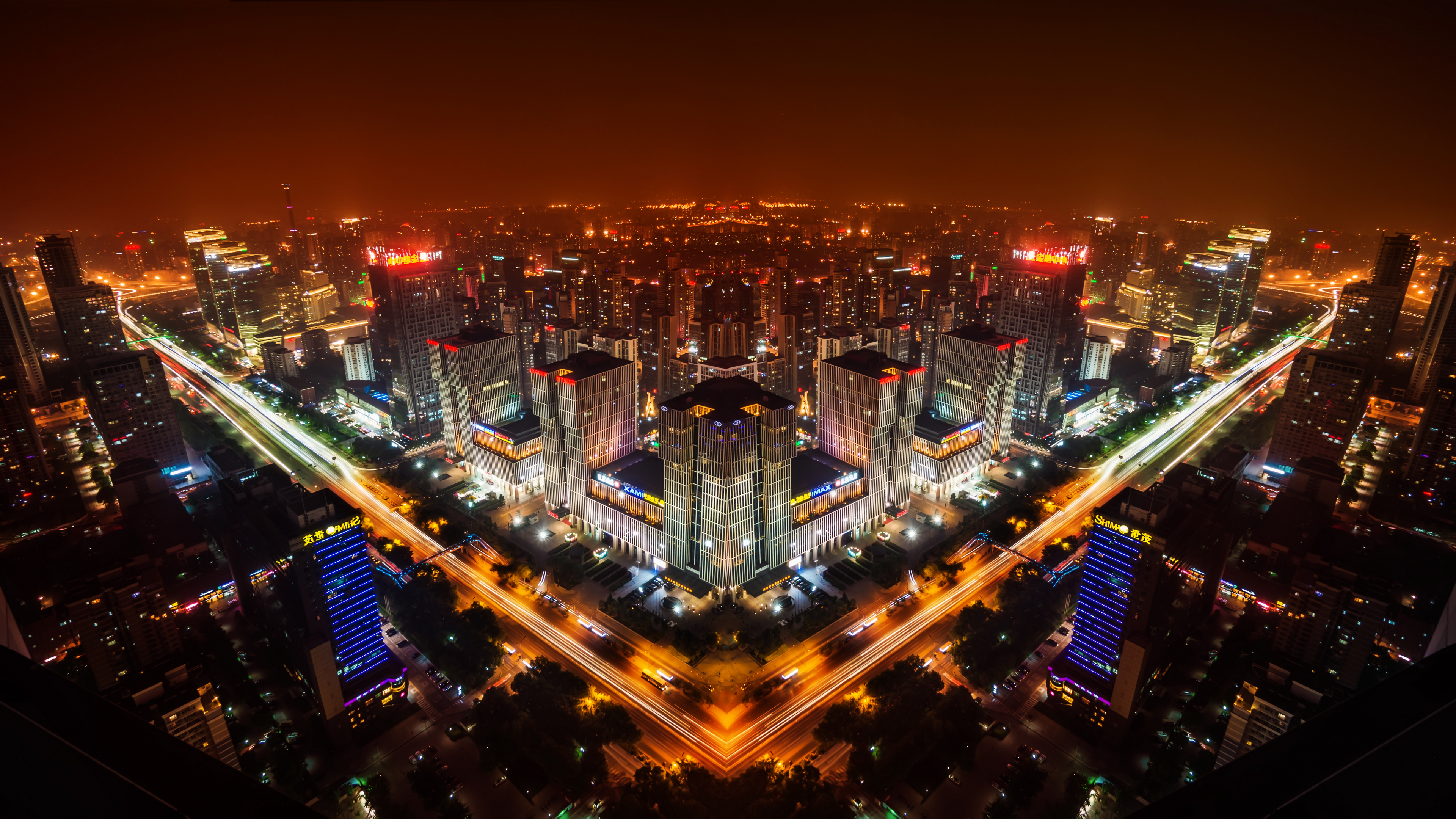 cityscape, 4K, building, corner, night, lights, Beijing, China, city, mirroredx2160 Wallpaper