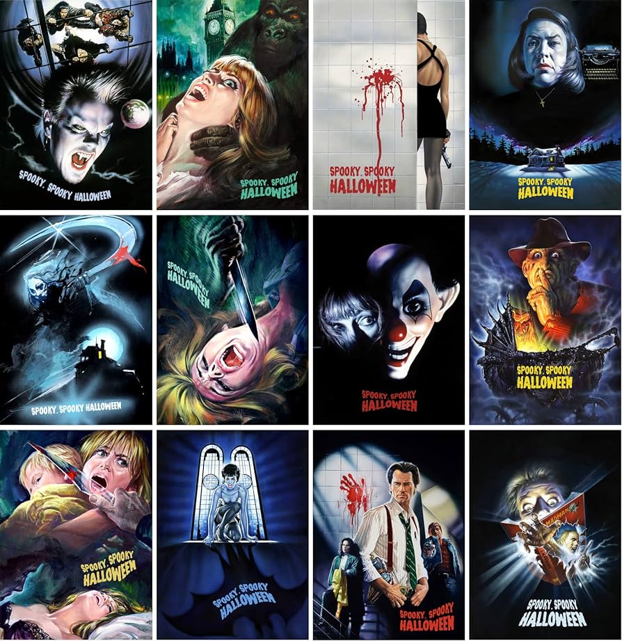 Amazon.com, PIXILUV HALLOWEEN HORROR MOVIES (Pack of 12) Notecards Small Greeting Cards # Classic Vintage Horror Movies Posters Vintage Halloween Comic Postcards Reprint, Office Products