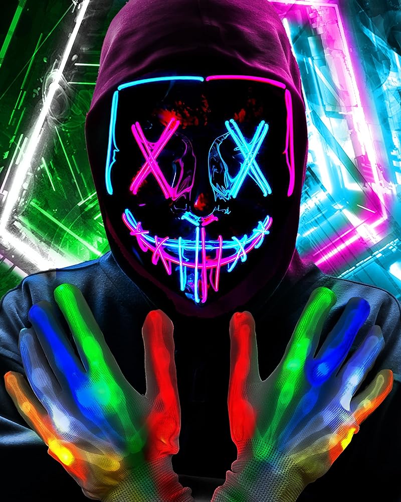 Longpo Halloween Purge Mask For Adults Led Light Up Scary Mask Cosplay Costume For Halloween Festival Masquerade Carnival Party (ice Blue Pink Mask And Multi Coloured Gloves), Everything Else