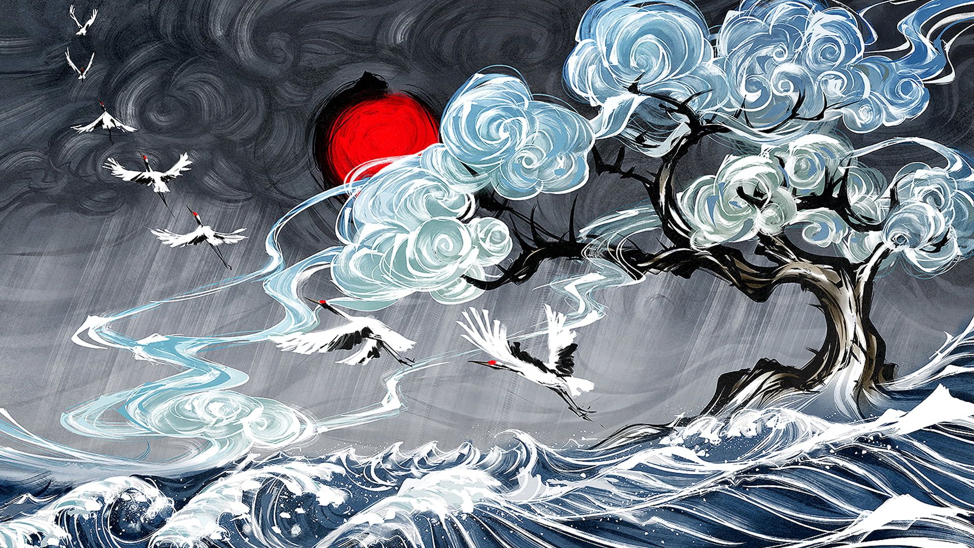 Yuumei digital art #water #clouds #waves Japanese Art #birds #flying #sea #trees #brush #painting P #wal. Japanese art, Desktop wallpaper art, Art wallpaper
