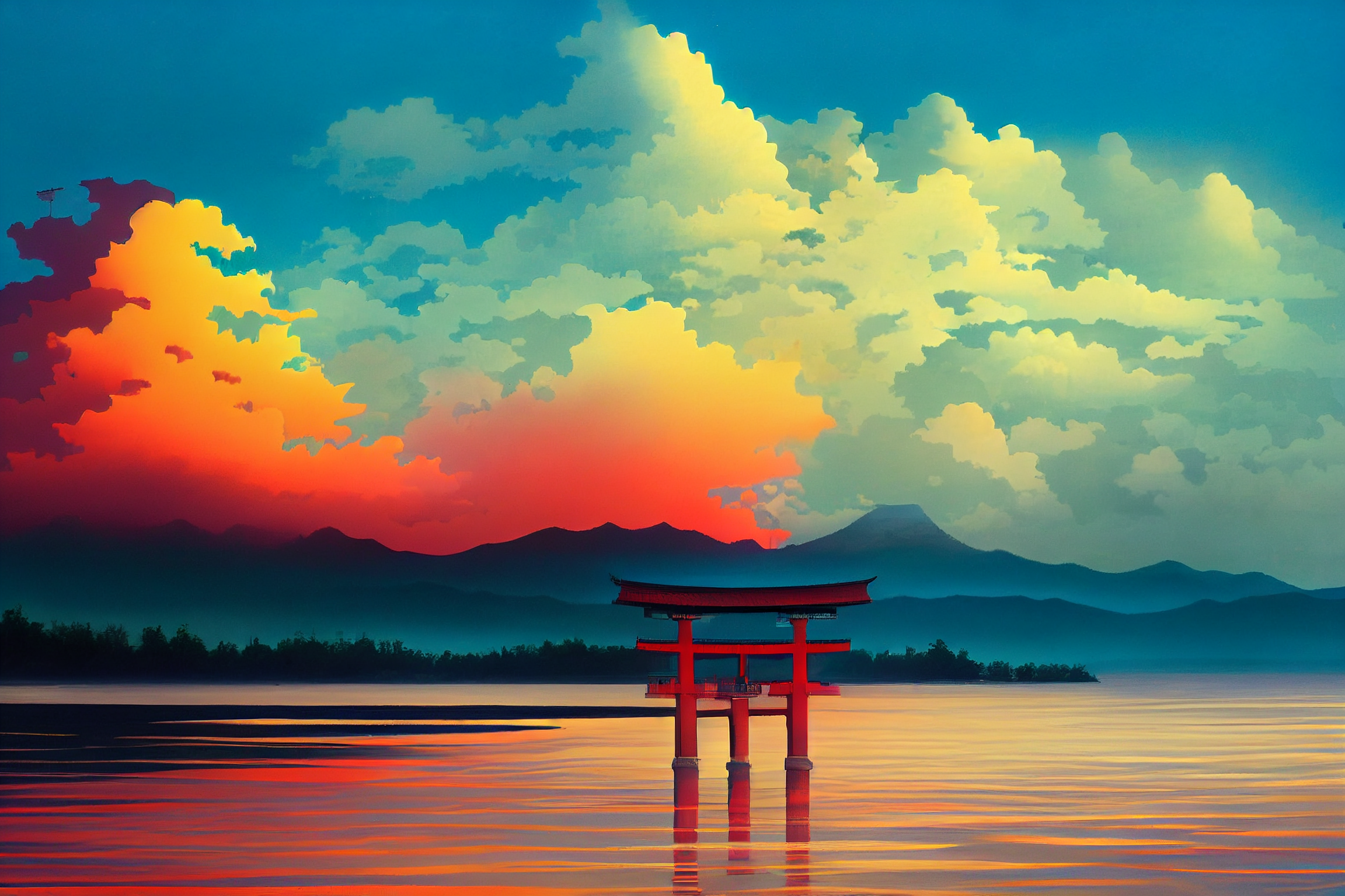 Japan, torii, sunset, water, clouds, AI art, landscapex1536 Wallpaper