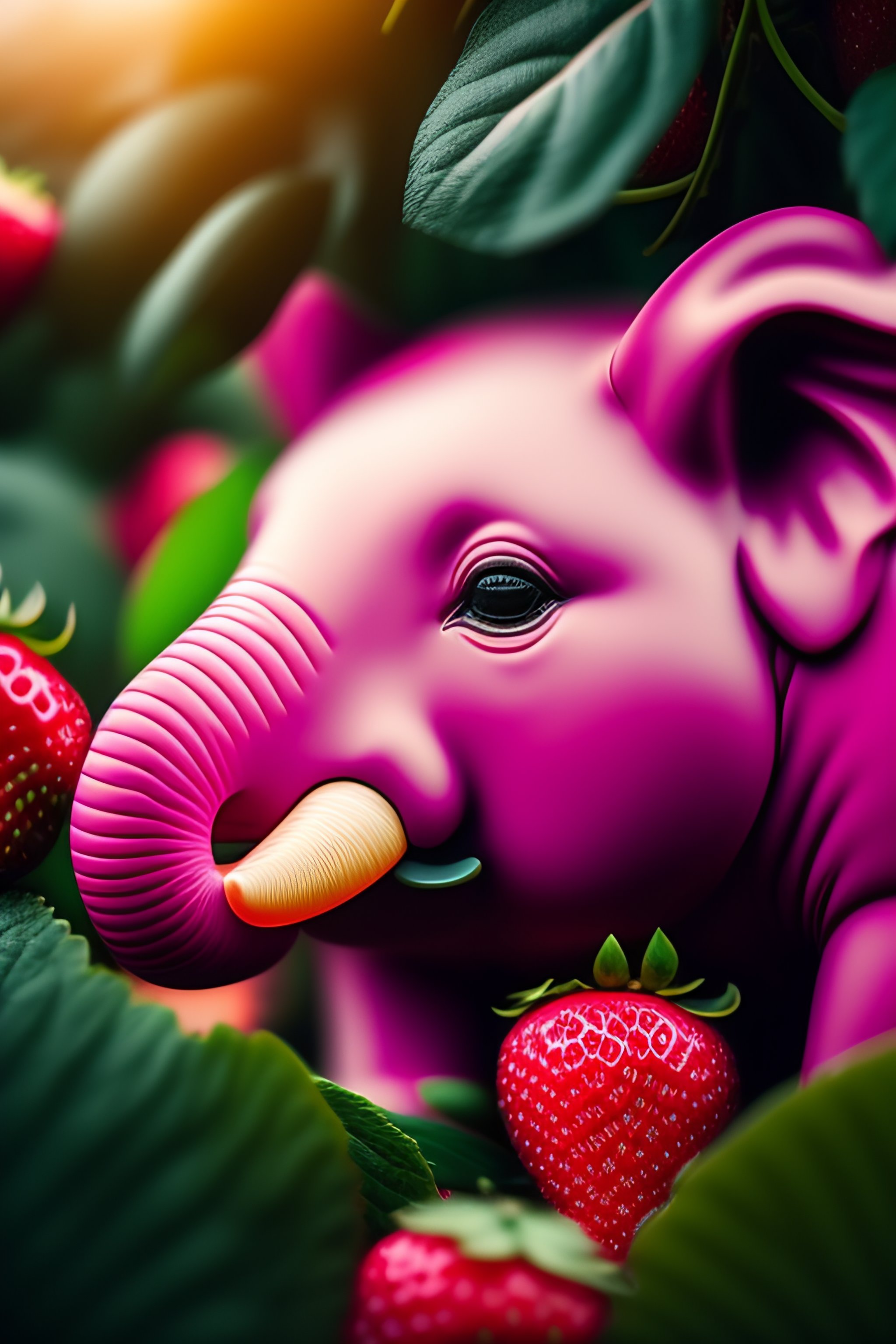 Pink elephant hiding under a strawberry plant, realistic, detailed, cinematic