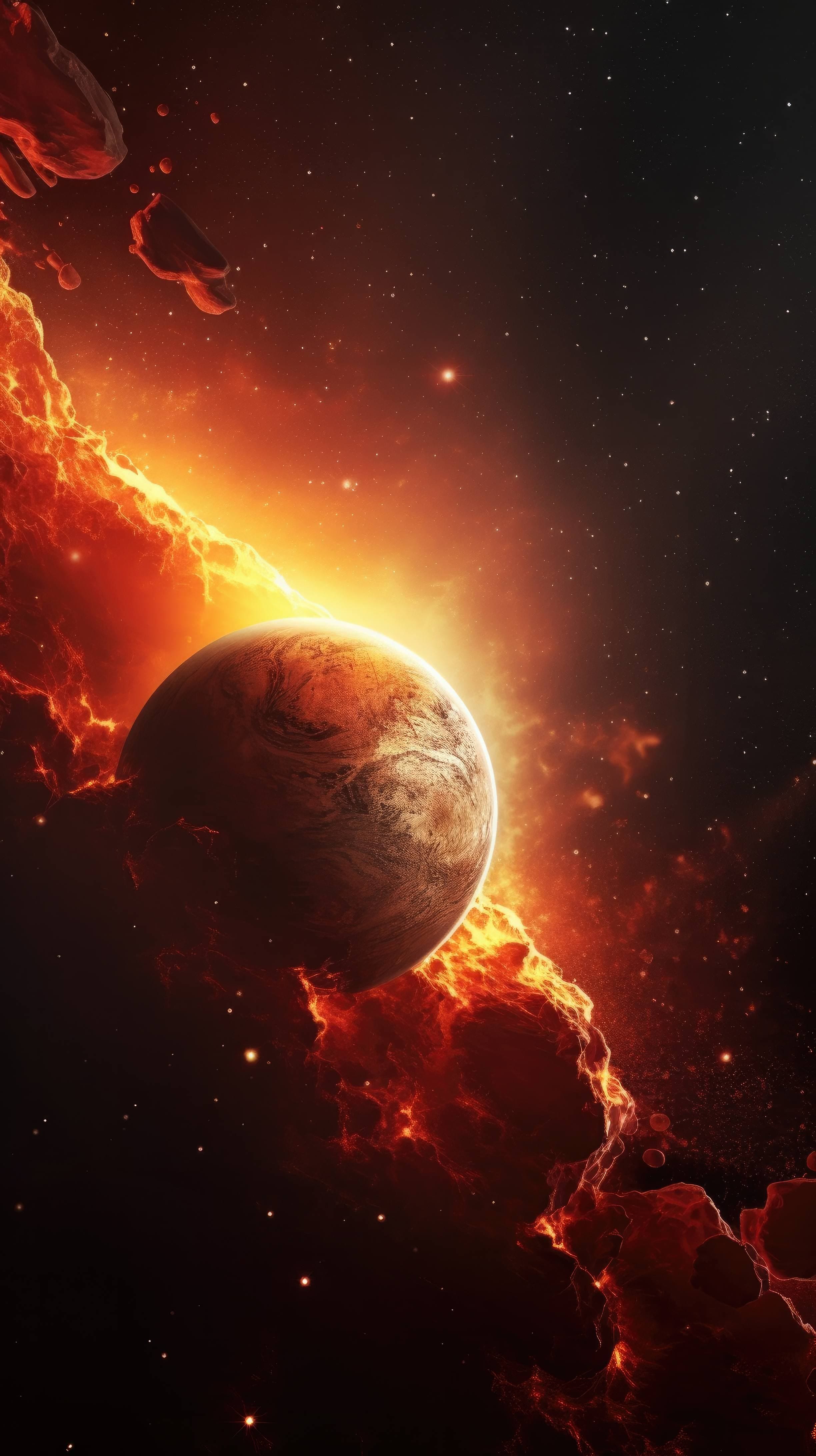 a cosmic wallpaper with a gigantic planet in the foreground, surrounded by an asteroid belt