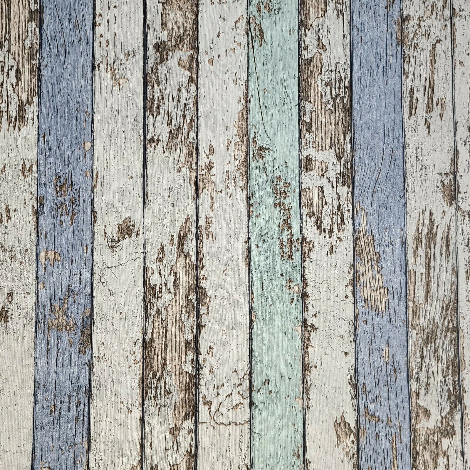 WM95914101 Distressed white blue faux wood planks 3D Wallpaper