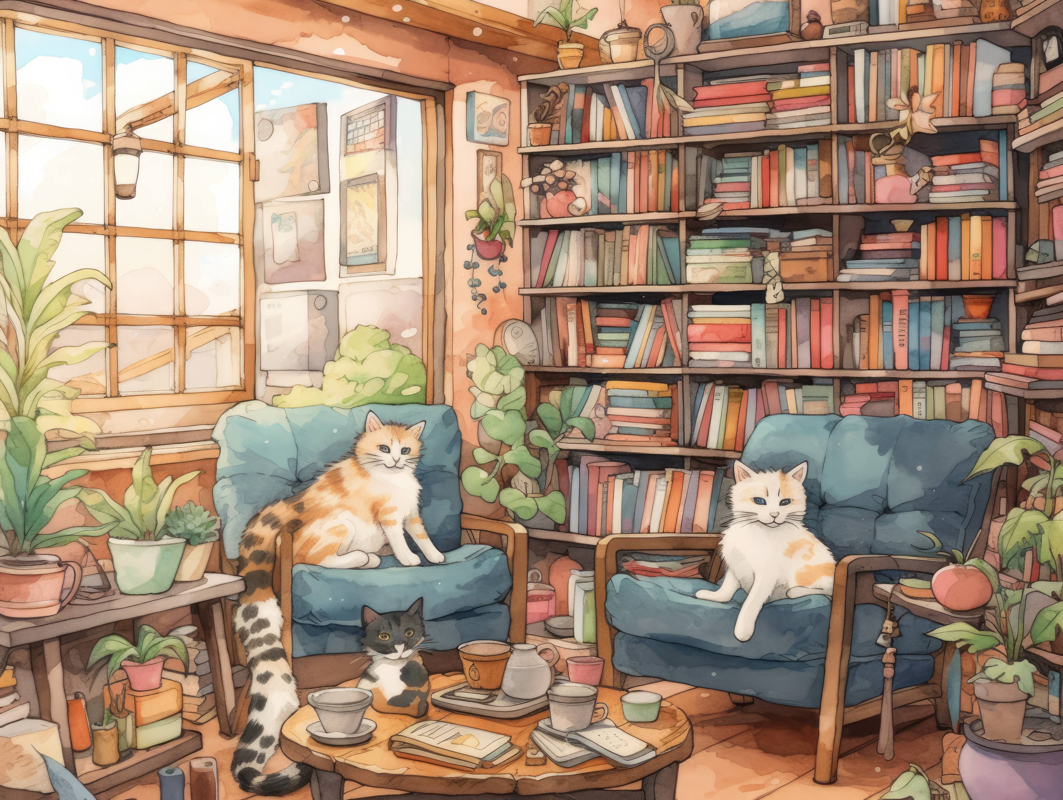 Cozy cat café, with cats lounging on bookshelves, soft pastel colors, cute illustration, watercolor style, playful lines