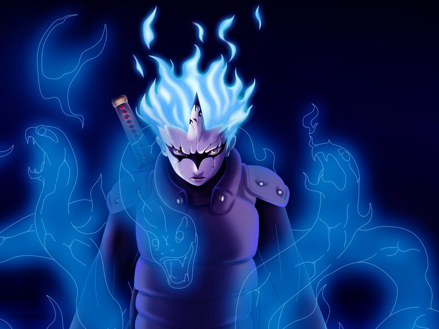 Download wallpaper fire, flame, sword, game, snake, blue, anime, katana, section shonen in resolution 1400x1050