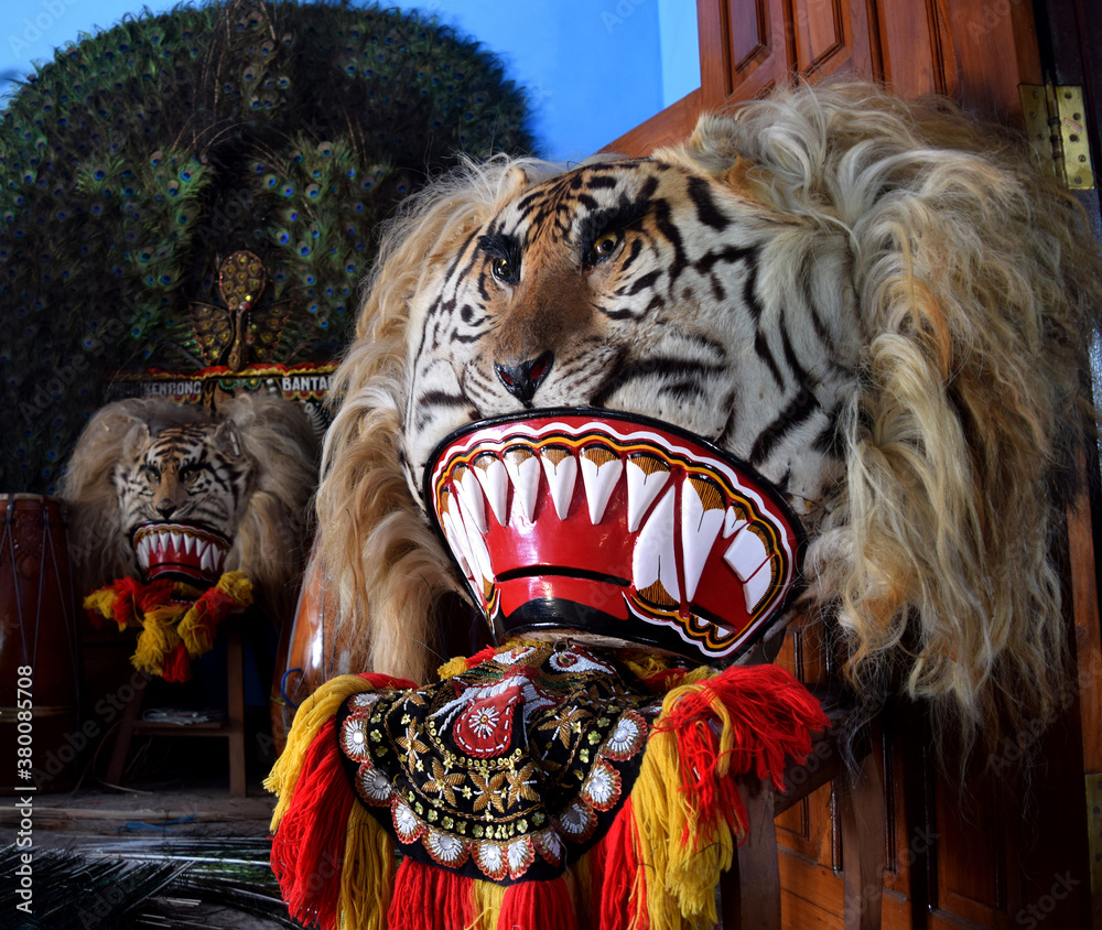 Reog Ponorogo head made of wood and tiger skin, an exotic and mystical mask. the traditional arts of the Ponorogo community, East Java, Indonesia